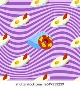 Playful Summer Beach Pattern. Seamless pattern with surfboards, inflatable ring and mattress on wavy purple background. Flat cartoon summer style.