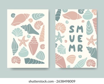 Playful summer cards with pastel sea shells starfish. Beach vibe Background. Flat shapes soft palette. Perfect for banner, social media, poster, kids decor, seasonal branding, invitation, packaging