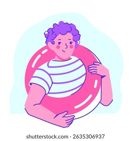Playful summer concept. Guy character holding a pink inflatable ring. Isolated concept of joyful beach holidays, striped t-shirt outfit. Flat vector illustration for seasonal fun design