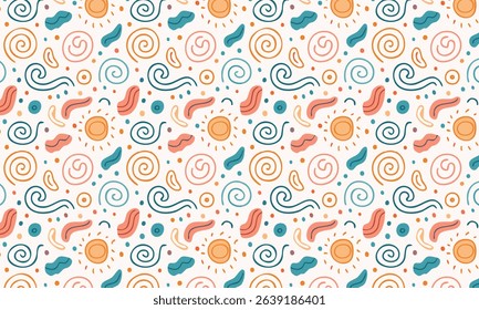 Playful summer doodle seamless pattern with suns and waves