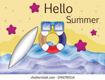 Playful summer illustration with a lifebuoy, surfboard, sunglasses, and waves under a yellow sky with stars