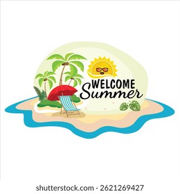 A playful summer island scene with a cool sun in sunglasses, lush palm trees, and a cozy beach setup welcomes the season with vibrant colors and a joyful tropical vibe.