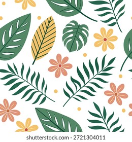 Patrón de hojas de verano juguetón sin fisuras con hojas tropicales coloridas y flores para el concepto de espacios vibrantes como hojas tropicales coloridas y flores dispuestas sin fisuras para un diseño de verano vibrante juguetón en espacios interiores en Foto de archivo Concepto y espacio vacío en el lado izquierdo, sin texto --ar 7:2 --tile