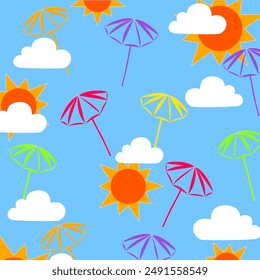Playful summer pattern featuring colorful beach umbrellas, bright suns, and fluffy clouds on a light blue background. This vibrant seamless vector design is perfect for summer-themed projects.