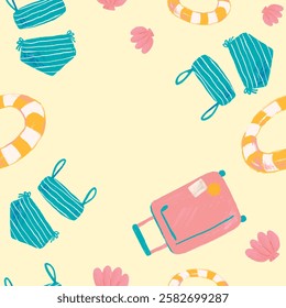 Playful summer pattern with swimsuits, float rings, and a suitcase. Bright colors and summer vibes. Swimsuits and float rings create a fun, sunny theme. Vector background with copy space.