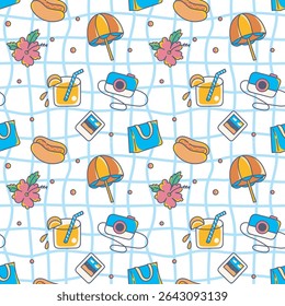 Playful Summer Seamless Pattern with Camera, Umbrella, and Juice Drink