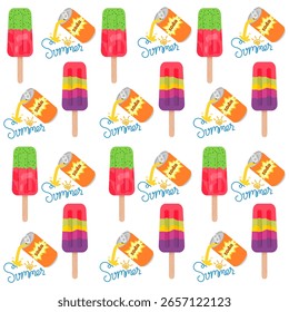 playful summer seamless pattern design with cute fruit popsicles and sparkling soda can. Captures fun, relaxation and summer vibes in a white background.