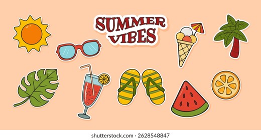 Playful summer sticker collection with sun, fruits, drinks, and accessories on peach background. Ideal for seasonal and tropical themed designs. Vector art.
