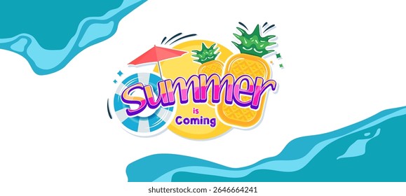 Playful summer-themed typography with “Summer Coming” text, surrounded by tropical elements like lemon slices, pineapple, umbrella, beach float, and water splash. Ideal for vacation ads and kids’ post