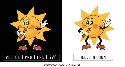 Playful Sun Character with Telescope - Cartoon Vector Illustration