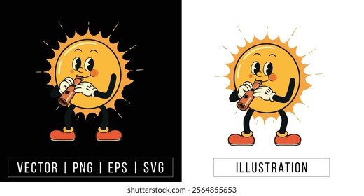 Playful Sun Character with Telescope - Cartoon Vector Illustration