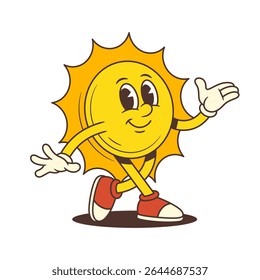 Playful sun mascot confidently walking and gesturing with an open palm in vintage cartoon style. Suitable for branding, children’s projects, or summer-themed content. Vector illustration