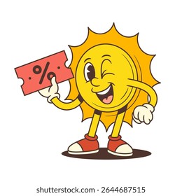 Mascote brincalhão do sol no estilo da velha escola sorrindo e piscando enquanto segura um cupom de desconto vermelho com símbolo de porcentagem. Perfeito para promoções, vendas de verão e projetos de publicidade. Ilustração vetorial