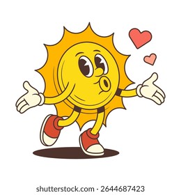 Mascote brincalhão do sol enviando beijos de ar cercado por corações vermelhos voadores. Perfeito para o amor, verão, clima, férias e projetos criativos alegres. Ilustração vetorial