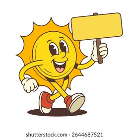 Playful sun mascot in vintage cartoon style cheerfully walking with empty yellow sign in hand. Suitable for promo, sale, summer design, and advertising. Vector illustration