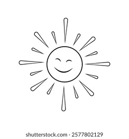 A playful sun with a smiling face and bright rays symbolizes happiness. Great for children's designs, sunny-themed decor, and inspirational artwork.