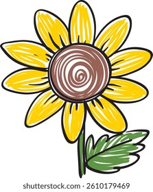Playful sunflower illustration in a doodle style with vibrant yellow petals and a textured brown center
