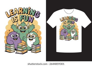 Um design de camiseta brincalhão exibindo três monstros peludos e amigáveis com óculos e Aprender é uma mensagem divertida, empoleirado em cima de pilhas de livros coloridos, perfeito para crianças.