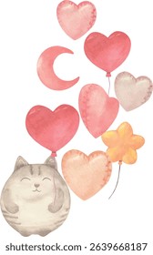 Playful tabby plush kitten carrying a bunch of colorful balloons. Great for children’s event decor, birthday cards, and baby-themed artwork.