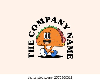 Playful taco walking logo character mascot retro cartoon hand drawn for restaurant and food shop