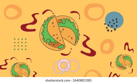 Playful tacos with vibrant icons and squiggles on a turquoise backdrop. Perfect for street food branding and fiesta-themed visuals.