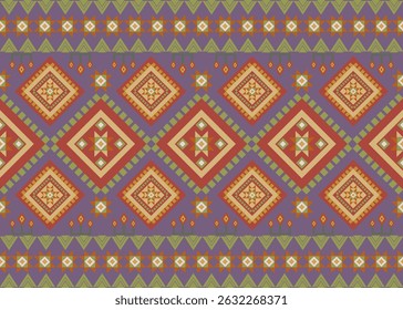 A playful take on folk geometry, this design features deep purple tones combined with bold red and yellow diamonds, accented by tribal-style borders. This vibrant layout adds life.
