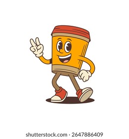 Playful takeaway coffee cup mascot character with victory gesture in cartoon style. Suitable for coffee shop branding, social media promotion, advertising, and packaging. Isolated vector illustration