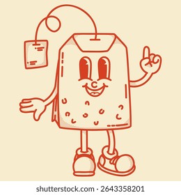 Playful tea bag mascot pointing up. Retro vector art for specialty Chai and Jasmine tea brands with kraft packaging