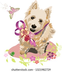 Playful Terriers love flowers. These are vector images for your designs