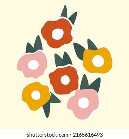 Playful textured flowers in vibrant colours isolated. Summer floral on vector illustration	