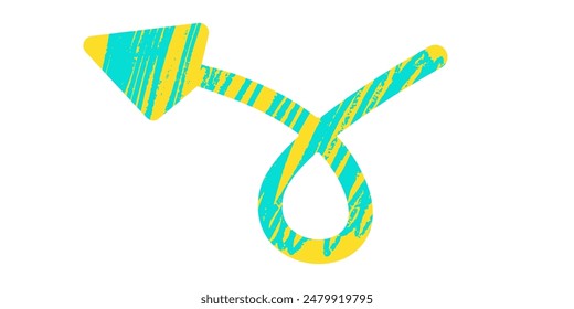 Playful Thick Spiral Arrow with Crayon pencil texture. Dynamic swirl pointer with stripe, scribble, lines pattern. Naive style icon. Childish hand drawn shape. Vector doodle illustration