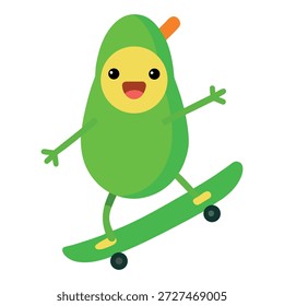 Juguetón monopatinador de aguacate tridimensional realizando trucos aislados sobre fondo blanco limpio