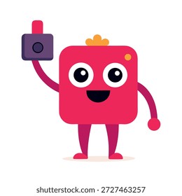 Playful three dimensional camera character taking selfies isolated on white background illustration