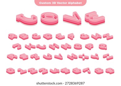 Playful three dimensional isometric alphabet displays layered pink block letters arranged in rows on a clean white field, emphasizing depth and modern pastel typography, charming