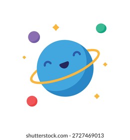 Verspielter dreidimensionaler Planet umgeben von schwimmenden Emoji-Satelliten auf weißem Hintergrund