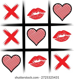 Playful tic tac toe game featuring bright red hearts and exaggerated lipstick kisses against white for valentines day design