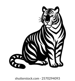 Playful tiger grooming silhouette vector icon