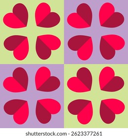 A playful tile design featuring red and pink heart petals arranged in floral formations on alternating green and lavender backgrounds, blending love with geometric charm.