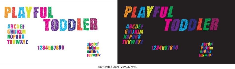 playful toddler font, hand drawn letters and numbers,  educational banners, school, kindergarten Playful style letters font design, alphabet and numbers vector illustration, colorful kids hand drawn