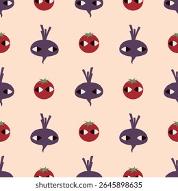 Playful Tomato and Beetroot Vector Illustration Seamless Pattern. Ideal for textile design, home decor, and creative projects.