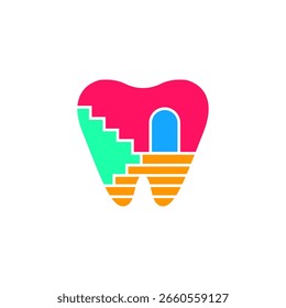 Dente brincalhão com escadas e porta Vetor Design de ilustração colorida