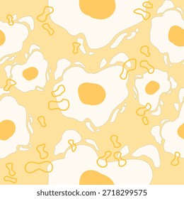 playful and trendy seamless pattern inspired by sunny-side-up eggs, reimagined in a soft, abstract minimalist style. The design features fluid, organic white shapes with warm yellow yolks against a pastel yellow background, accented by thin linear squiggles. This concept celebrates simplicity, breakfast culture, and modern pop art, making it perfect for quirky kitchenware, cafe branding, or unique fashion accessories.