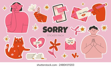 Playful trendy Sorry sticker set. Colorful Patches. Flat vector illustration isolated.