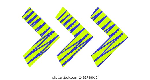 Playful Triangular Green Thick Arrows with Crayon pencil texture. Straight pointer with stripe, scribble, lines pattern. Naive style icon. Childish hand drawn shape. Vector doodle illustration