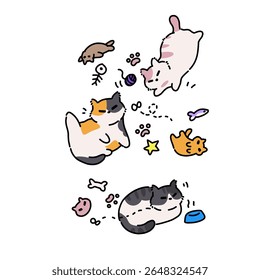 Playful trio cats with toys cartoon set illustration art 