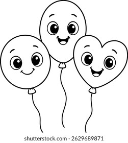 Playful Trio of Joyful Balloons: Three charming balloons with expressive faces, each representing different shape creating a vibrant, playful illustration.