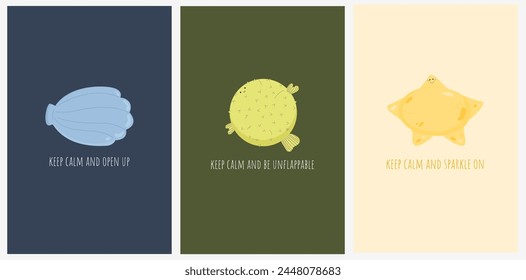 A playful trio of sea creatures paired with calming mottos on pastel backgrounds, promoting a message of resilience and joy