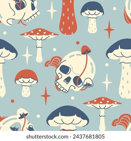 Playful and trippy seamless pattern with mushrooms and skull. Retro floral backdrop. Tricky background with fungi, toadstools and amanita. Muted color, limited palette