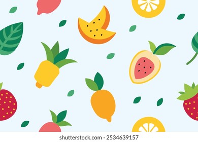 Juguetón de frutas tropicales y hojas sin fisuras Diseño de patrón