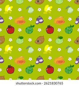 Playful Tropical Fruit Toss on Lime Green: A Cheerful Repeat Pattern Featuring Banana, Papaya, Mangosteen, Apple, Guava, and Longan Illustrations Scattered on a Bright Green Backdrop